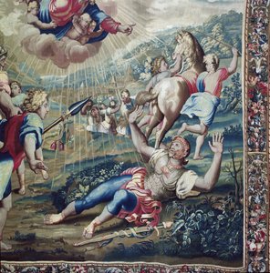 Tapiz que representa los Hechos de los Apóstoles, la Conversión de San Pablo (detalle) de San Pablo tendido en el suelo, brazos levantados al cielo, tejido en el Taller de Beauvais bajo la dirección de Philippe Behagle de Raffaello Sanzio Raphael